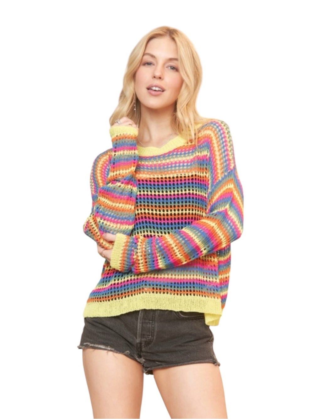 7109. ADORA Multicolor Open-Knit Lightweight Sweater - Yellow Trim